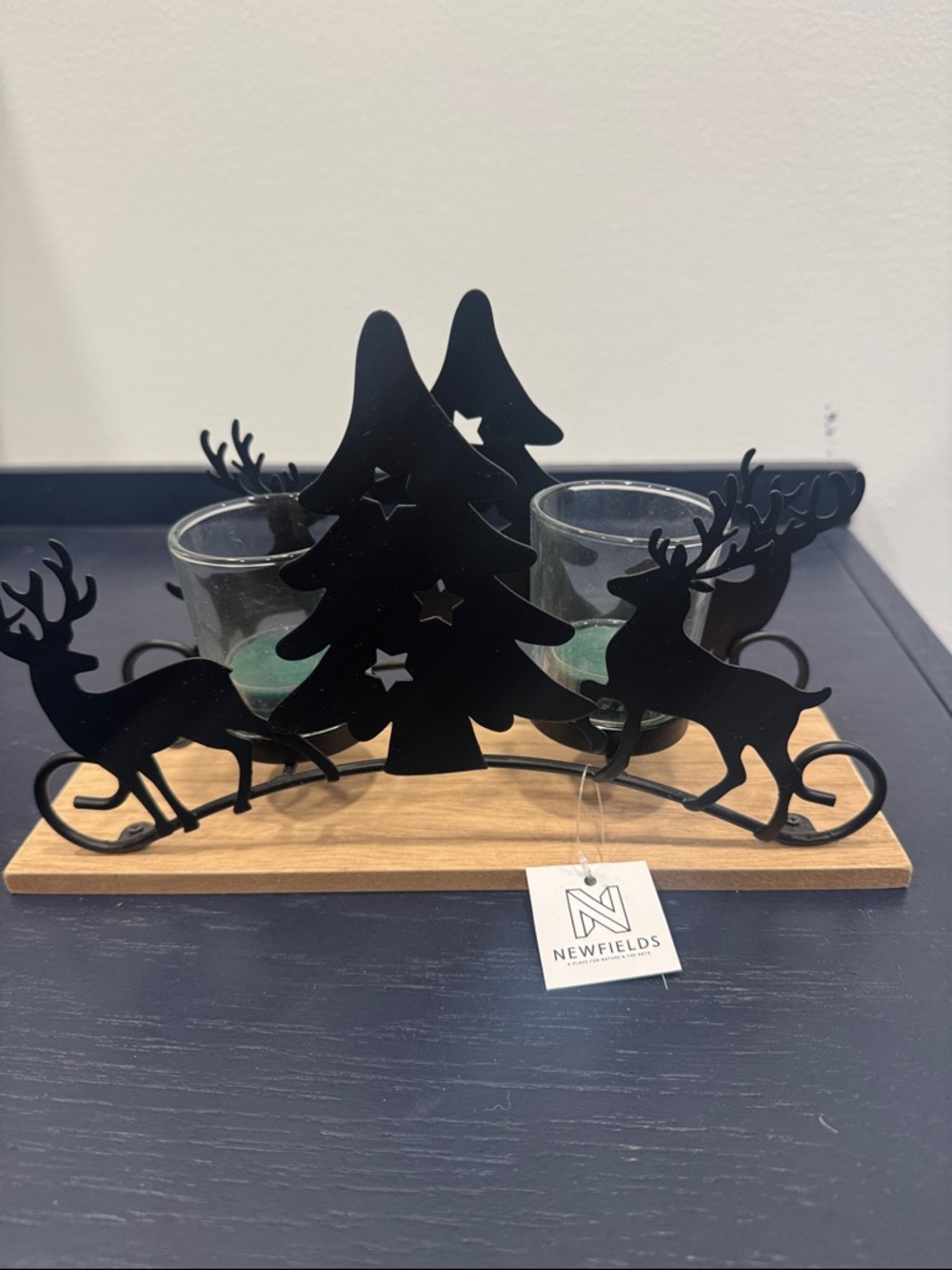 Black Metal Holiday Candle Holder with Tree & Reindeer
